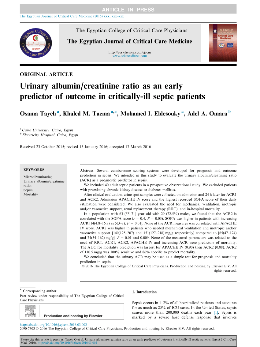 (PDF) Urinary albumin/creatinine ratio as an early predictor of outcome