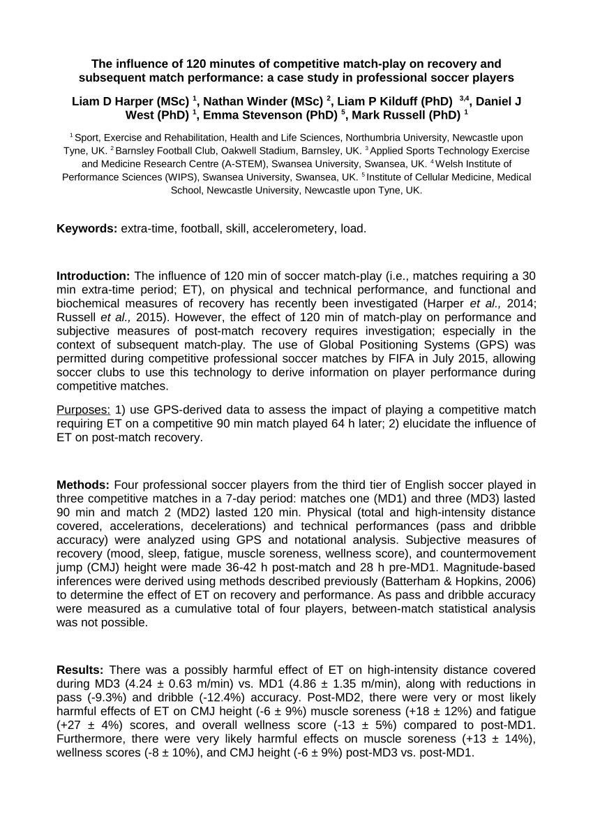 Pdf The Influence Of 1 Minutes Of Competitive Match Play On Recovery And Subsequent Match Performance A Case Study In Professional Soccer Players