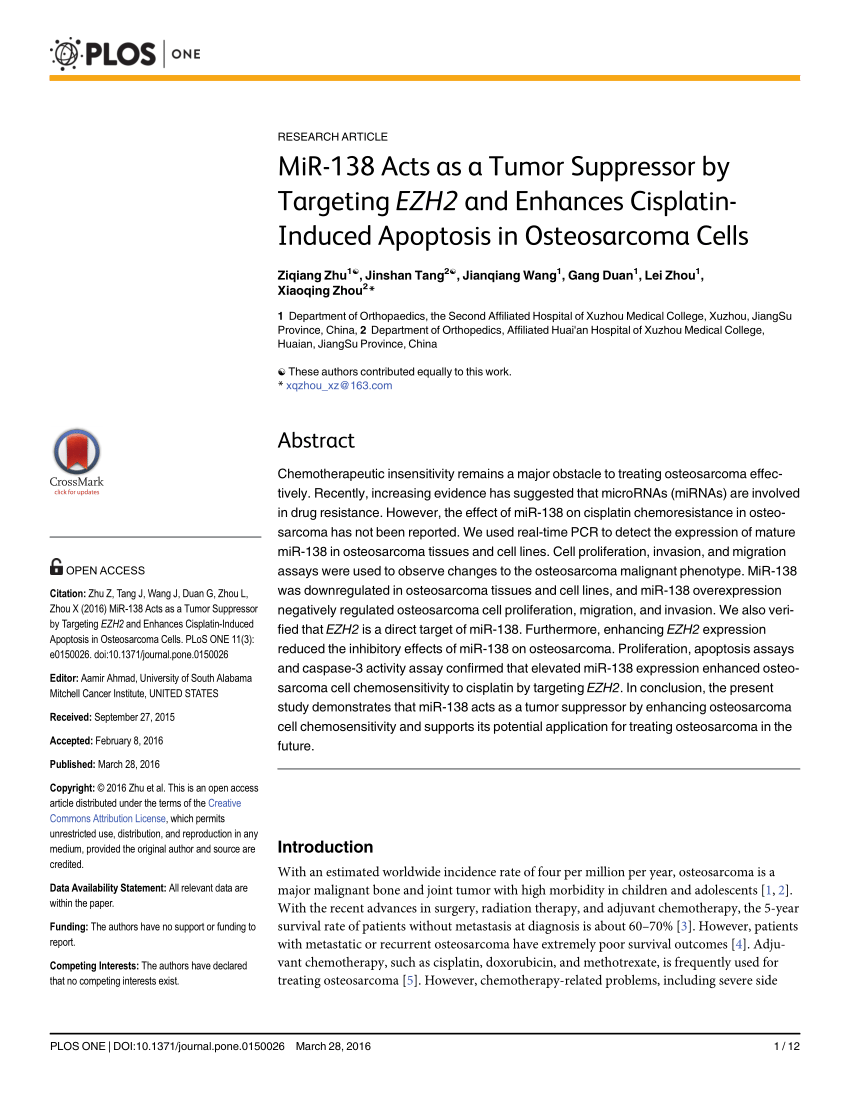 Pdf Mir 138 Acts As A Tumor Suppressor By Targeting Ezh2 And Enhances Cisplatin Induced