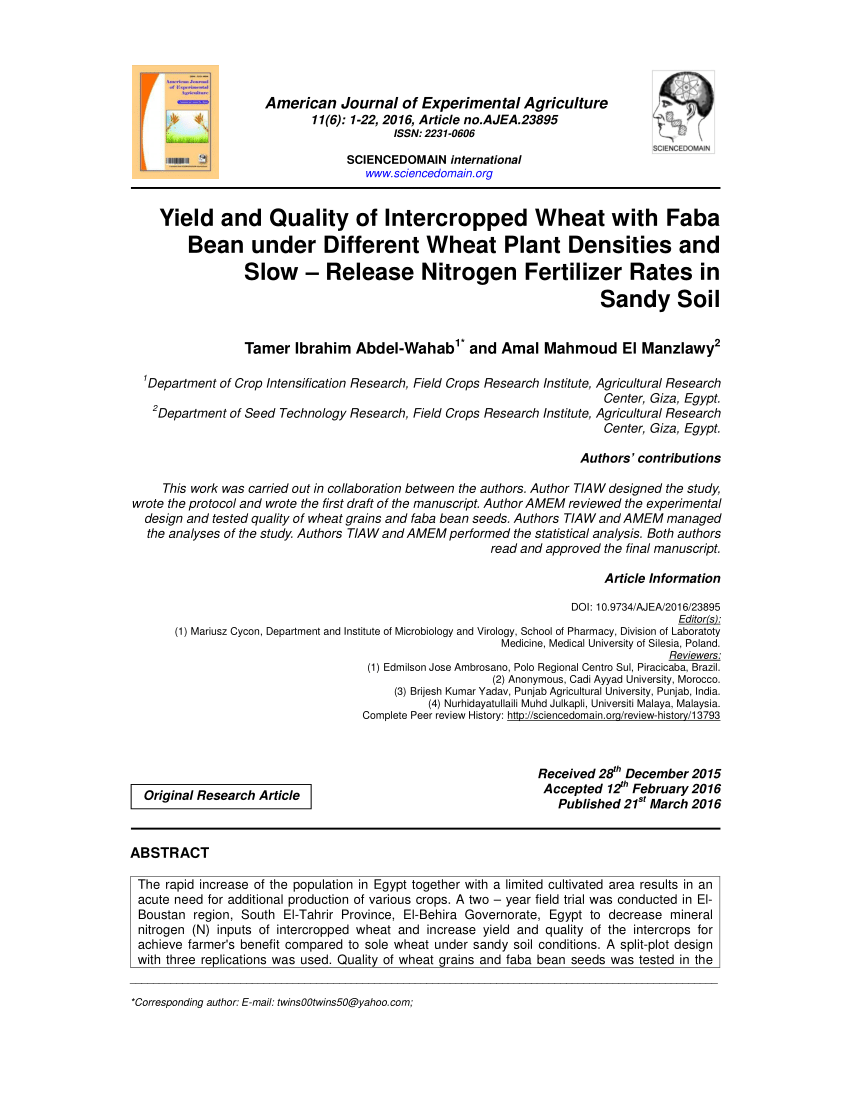 PDF) Yield and Quality of Intercropped Wheat with Faba Bean under Different  Wheat Plant Densities and Slow – Release Nitrogen Fertilizer Rates in Sandy  Soil