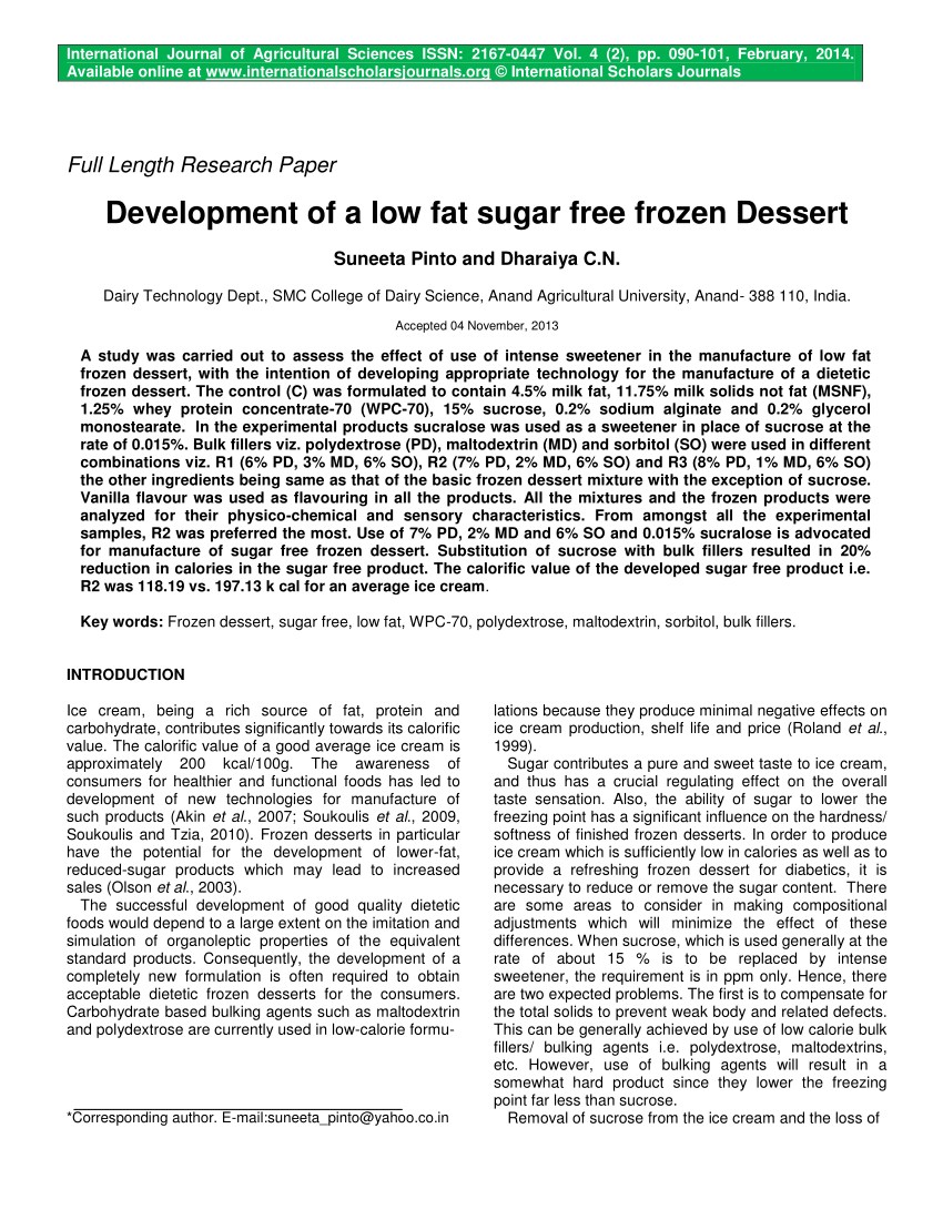 Pdf Development Of A Low Fat Sugar Free Frozen Dessert