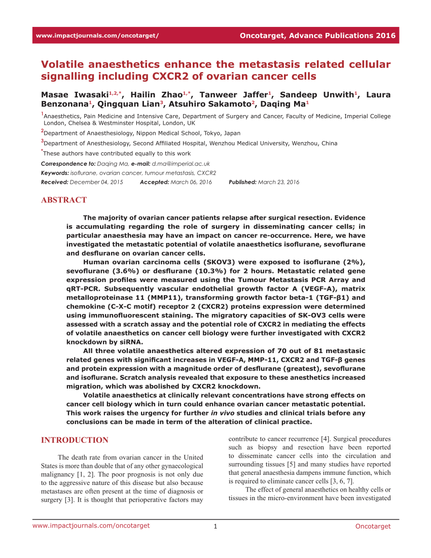 PDF) Volatile anaesthetics enhance the metastasis related cellular ...