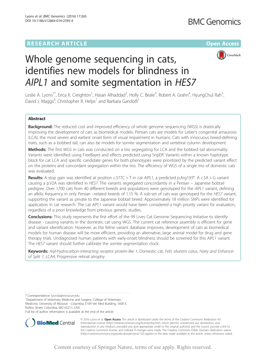 PDF) Whole genome sequencing in cats, identifies new models for ...