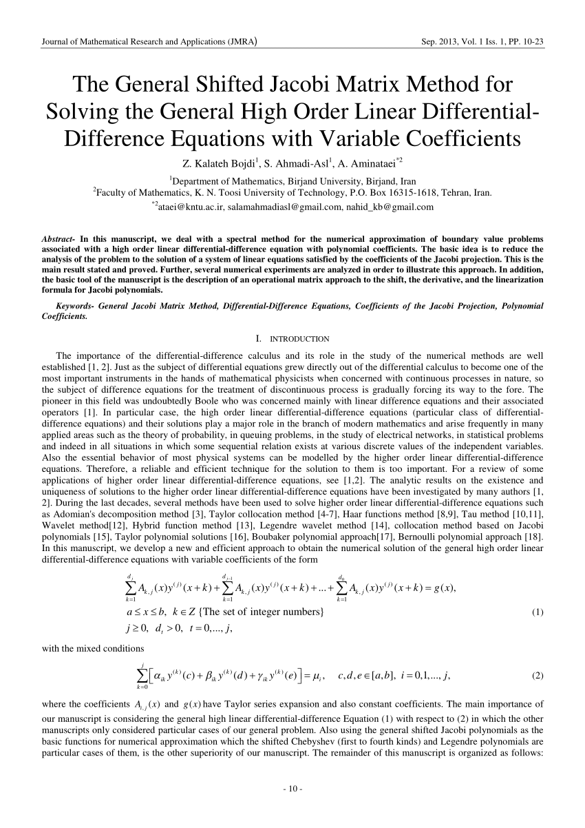 Pdf The General Shifted Jacobi Matrix Method For Solving The General High Order Linear Differential Difference Equations With Variable Coefficients