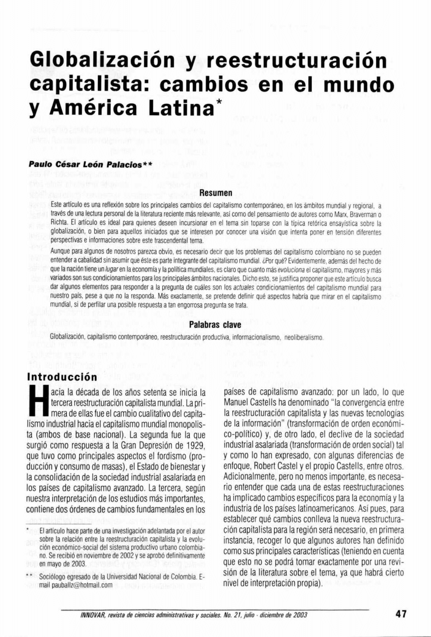 Pdf Globalización Y Reestructuración Capitalista Cambios En El Mundo Y América Latina 