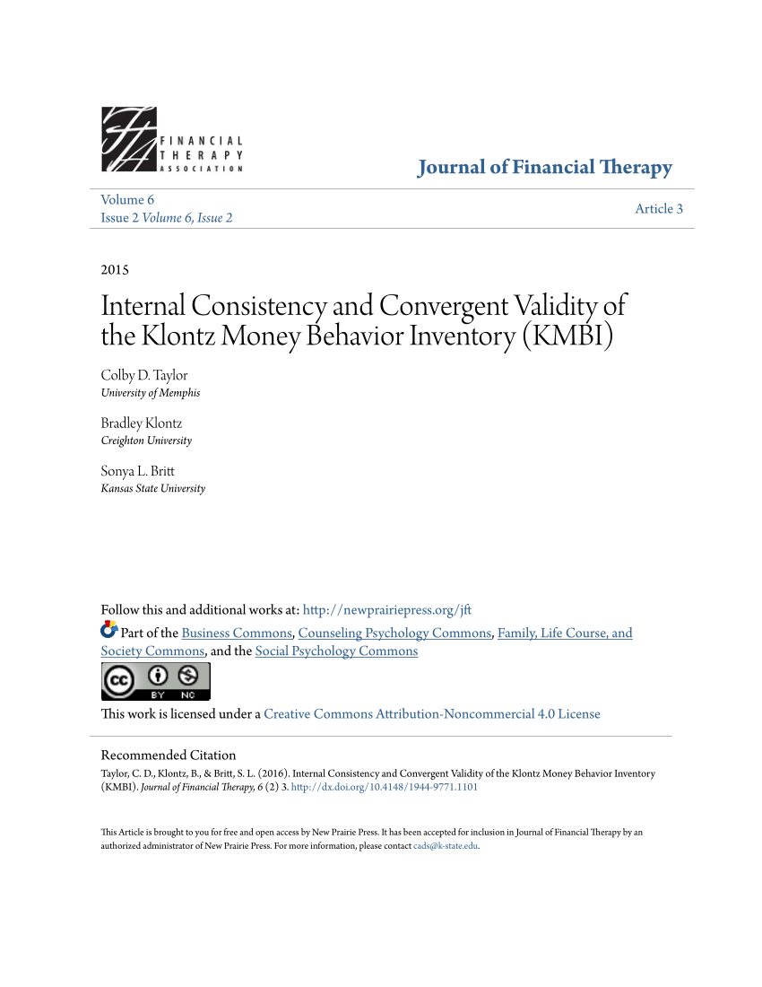 Pdf Internal Consistency And Convergent Validity Of The Klontz Money Behavior Inventory Kmbi