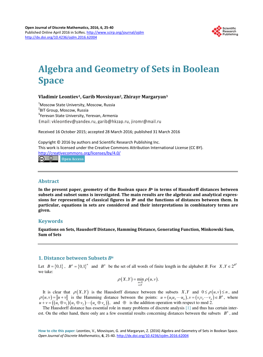 Pdf Algebra And Geometry Of Sets In Boolean Space