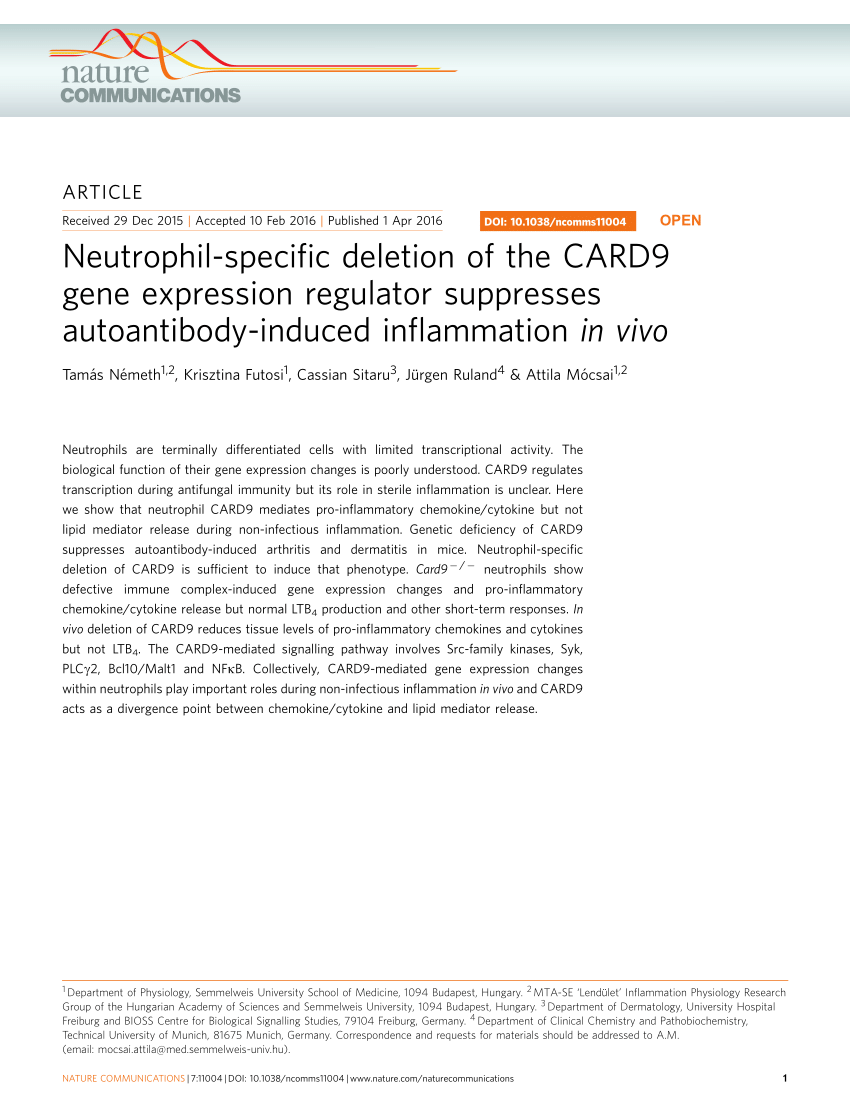 Pdf Neutrophil Specific Deletion Of The Card9 Gene Expression