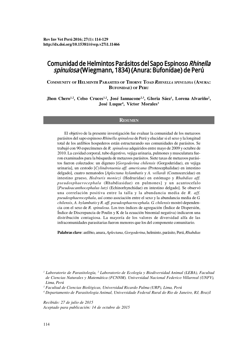 PDF) Comunidad de Helmintos Parásitos del Sapo Espinoso Rhinella spinulosa  (Wiegmann, 1834) (Anura: Bufonidae) de Perú