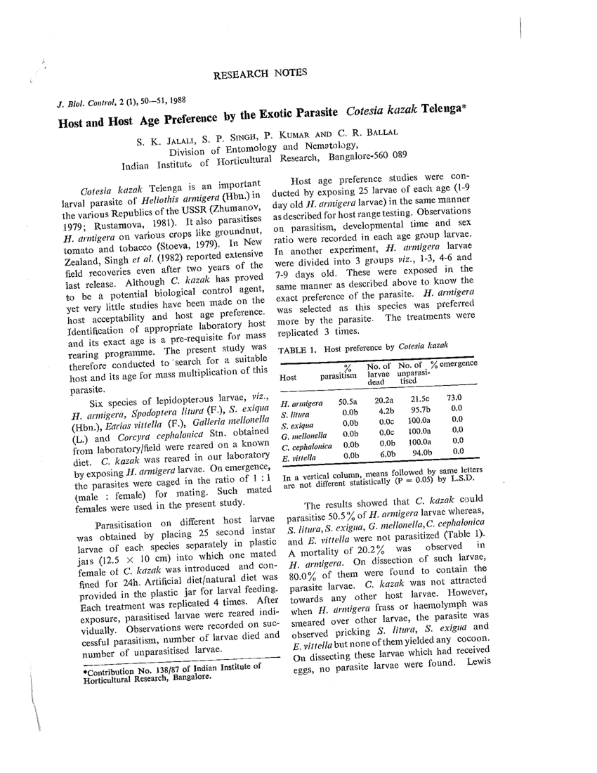Pdf Host And Host Age Preference By The Exotic Parasite Cotesia