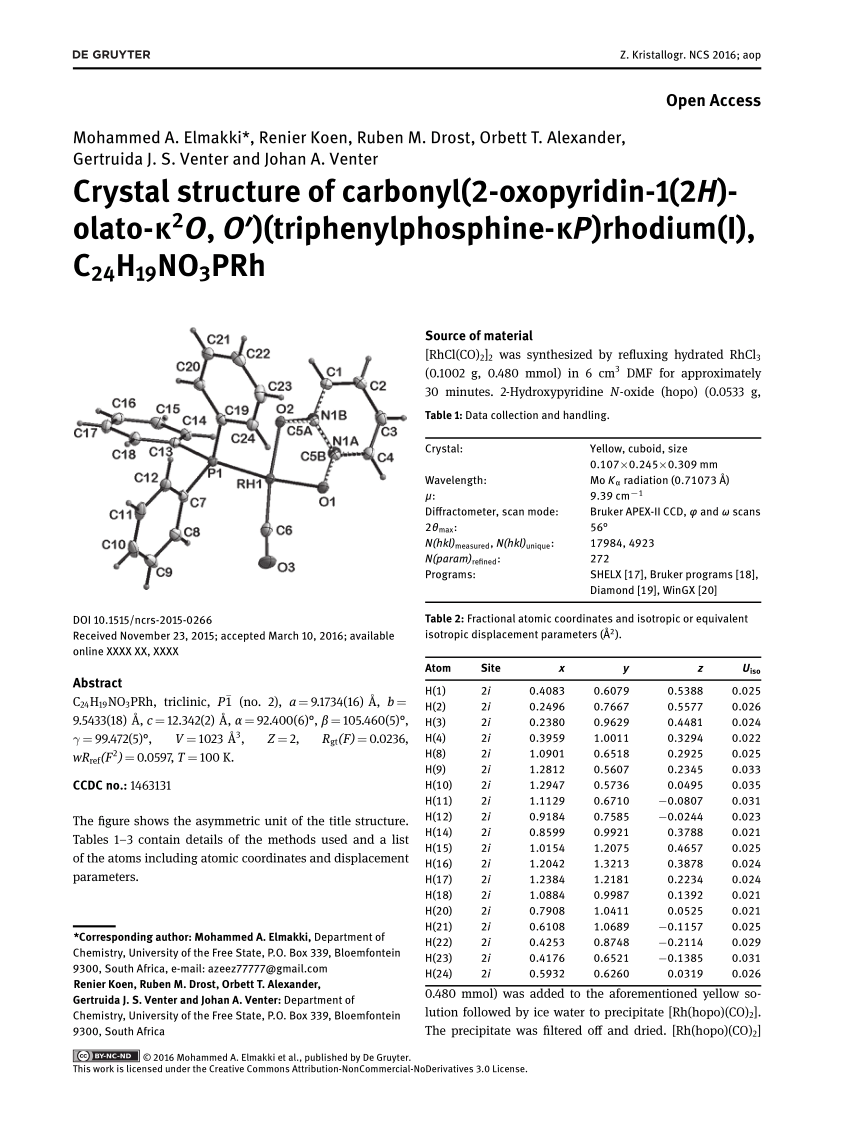 Pdf Crystal Structure Of Carbonyl 2 Oxopyridin 1 2h Olato K2o O Triphenylphosphine Kp Rhodium I C24h19no3prh