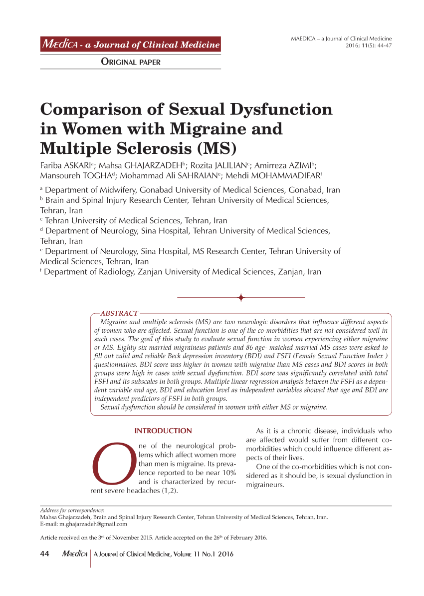 PDF Comparison of Sexual Dysfunction in Women with Migraine and