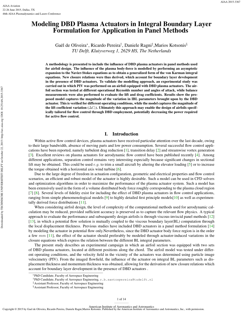 Pdf Modeling Dbd Plasma Actuators In Integral Boundary Layer Formulation For Application In Panel Methods