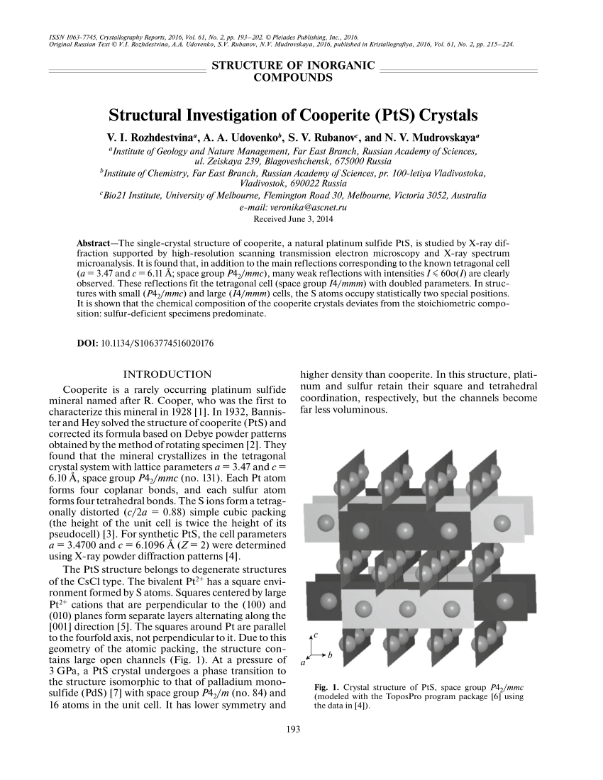 Pdf Structural Investigation Of Cooperite Pts Crystals