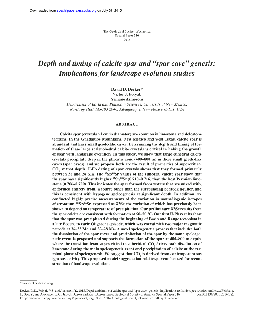 Pdf 7 Depth And Timing Of Calcite Spar And Spar Cave Genesis Implications For Landscape Evolution Studies