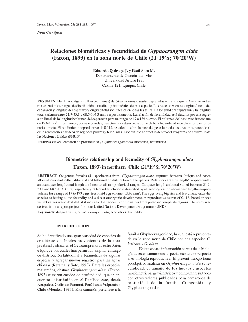 Pdf Biometría Y Fecundidad De Glyphocrangon Alata Decapoda Caridea En El Norte De Chile 3575