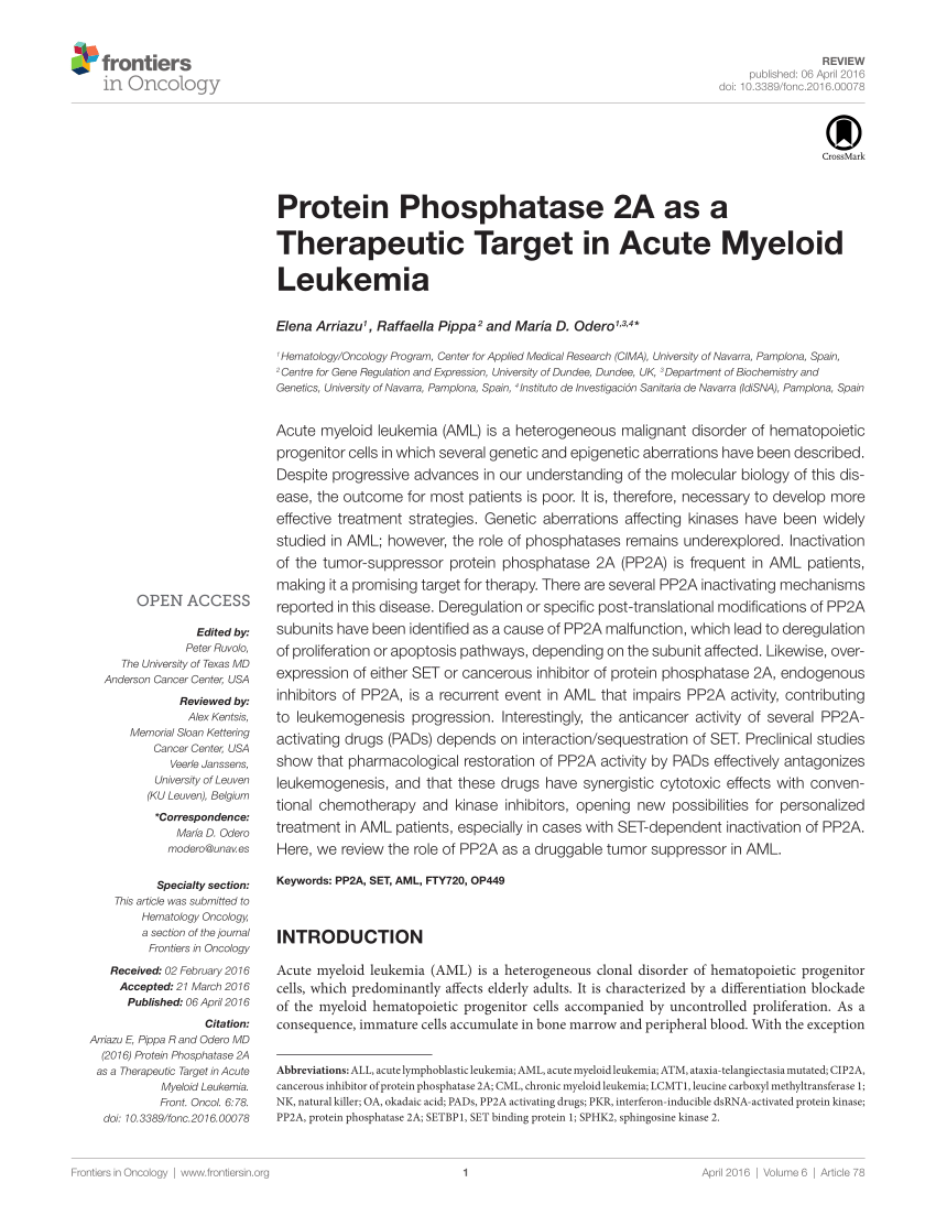 PDF) Protein Phosphatase 2A as a Therapeutic Target in Acute 