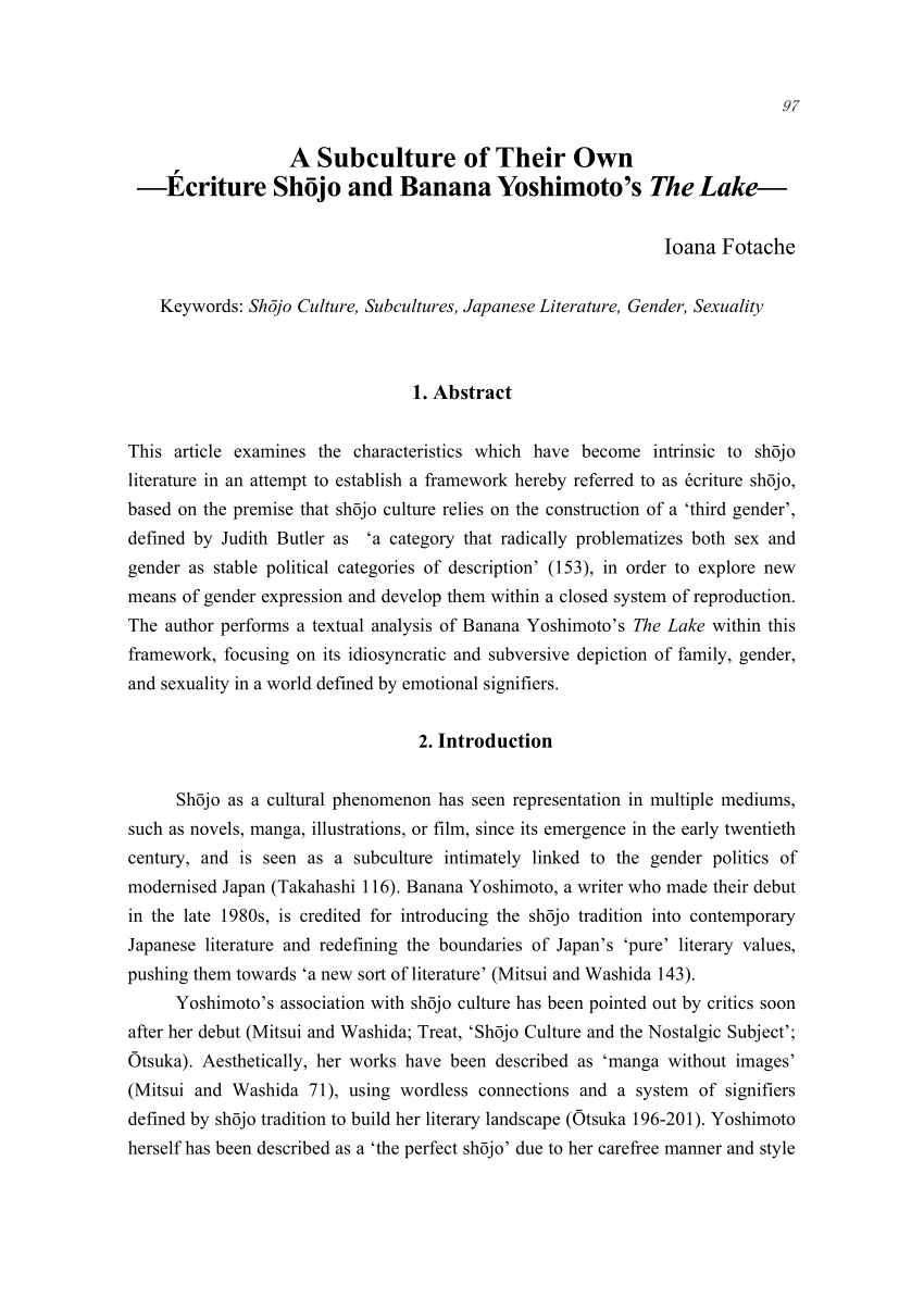 PDF) A Subculture of Their Own ―Écriture Shōjo and Banana Yoshimoto's The  Lake―
