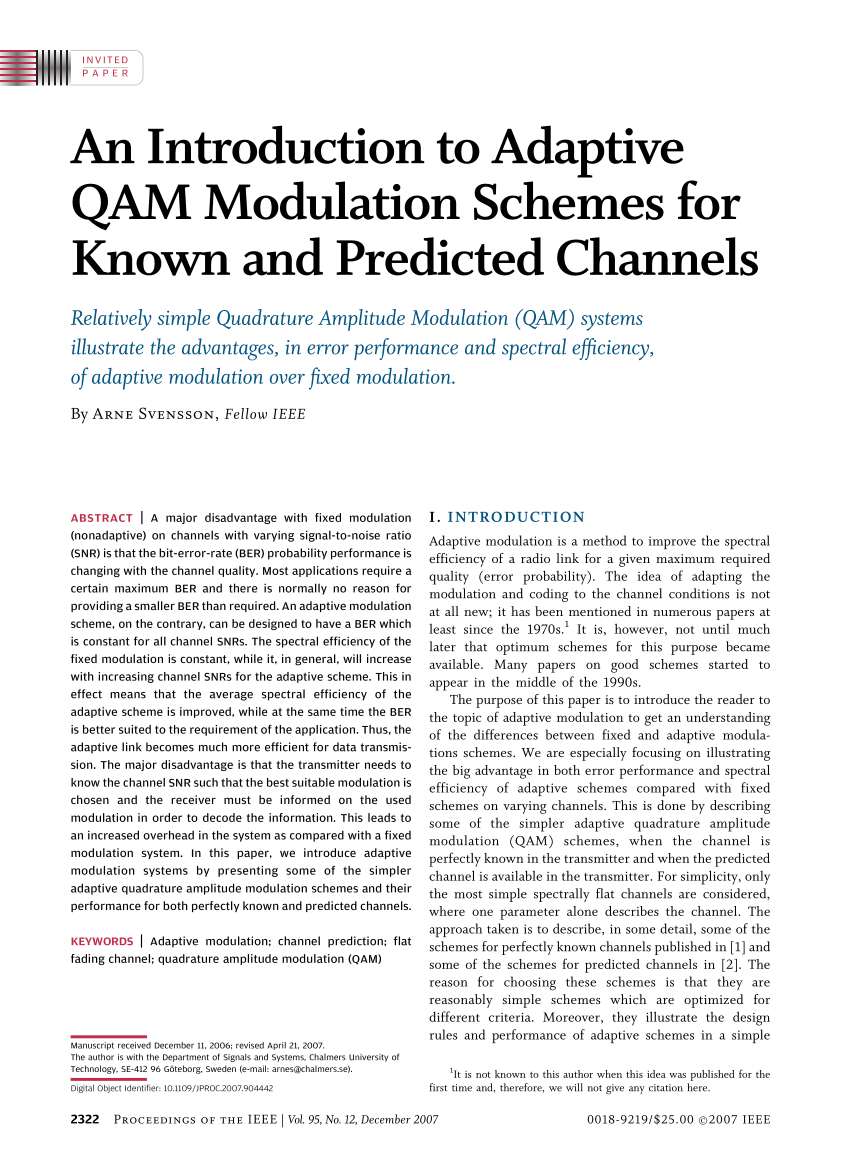 Pdf An Introduction To Adaptive Qam Modulation Schemes For Known And Predicted Channels