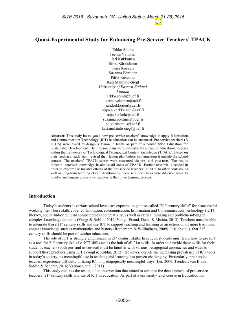 PDF) Quasi-Experimental Study for Enhancing Pre-Service Teachers' TPACK