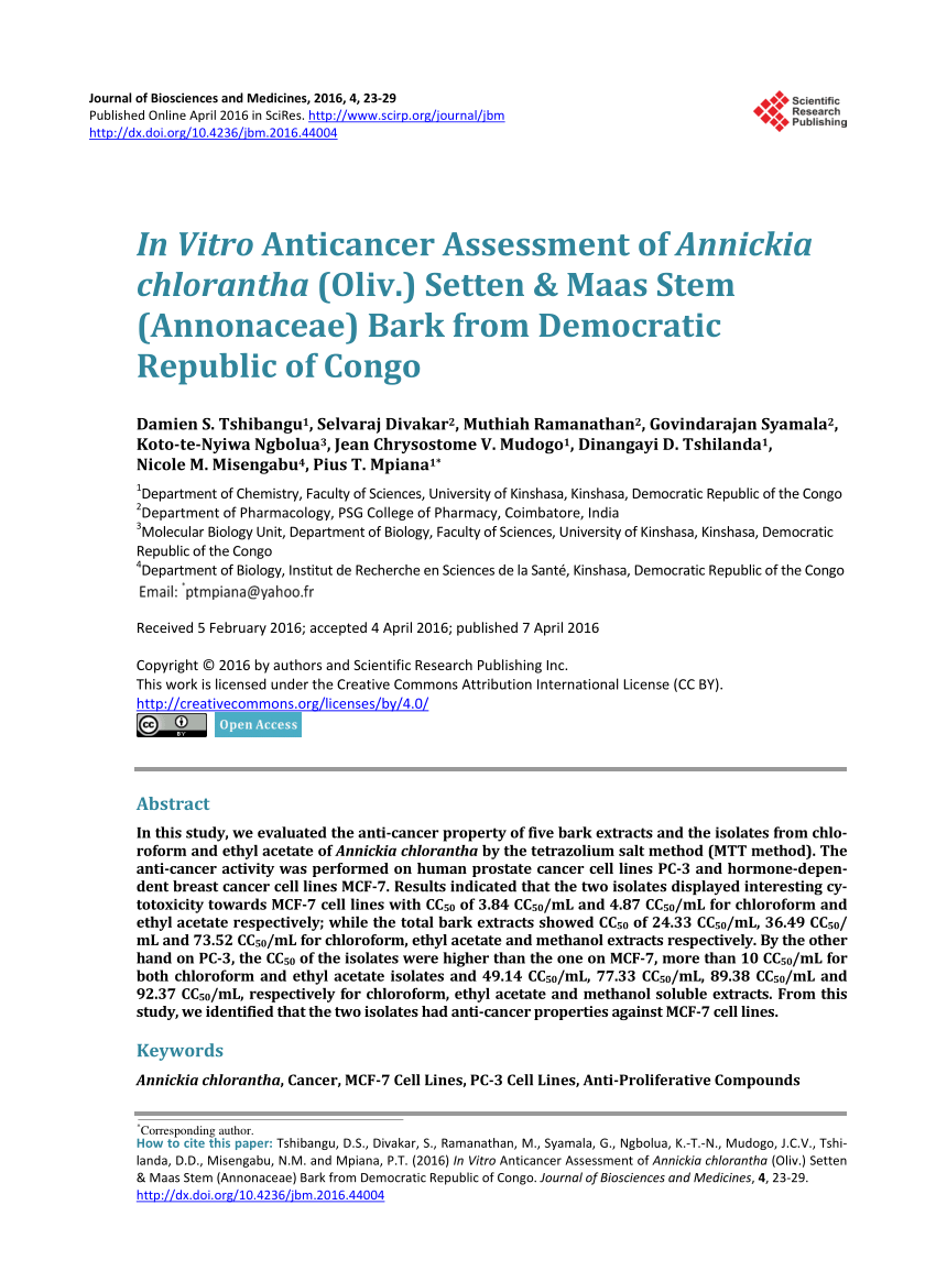 Pdf In Vitro Anticancer Assessment Of Annickia Chlorantha Oliv Setten Maas Stem Annonaceae Bark From Democratic Republic Of Congo