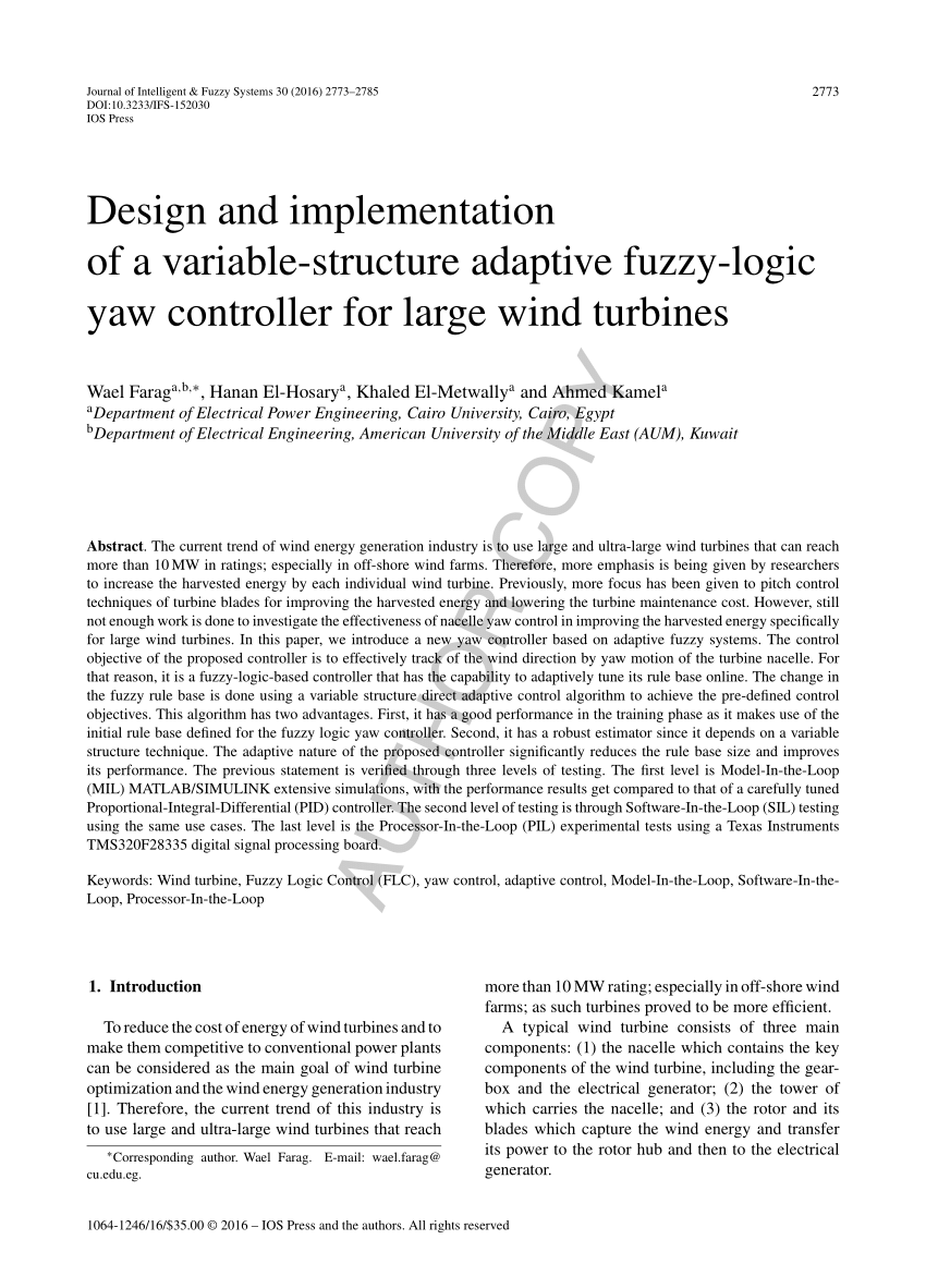 Pdf Design And Implementation Of A Variable Structure Adaptive Fuzzy Logic Yaw Controller For Large Wind Turbines