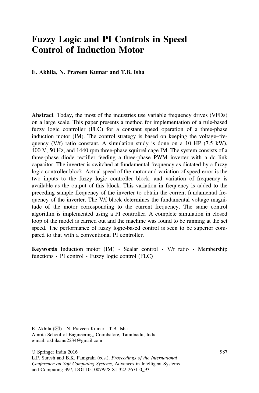 Pdf Fuzzy Logic And Pi Controls In Speed Control Of Induction Motor