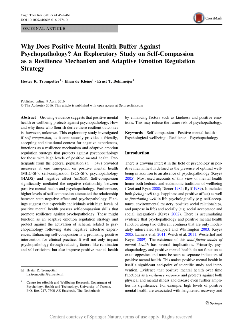 Pdf Why Does Positive Mental Health Buffer Against Psychopathology An Exploratory Study On Self Compassion As A Resilience Mechanism And Adaptive Emotion Regulation Strategy