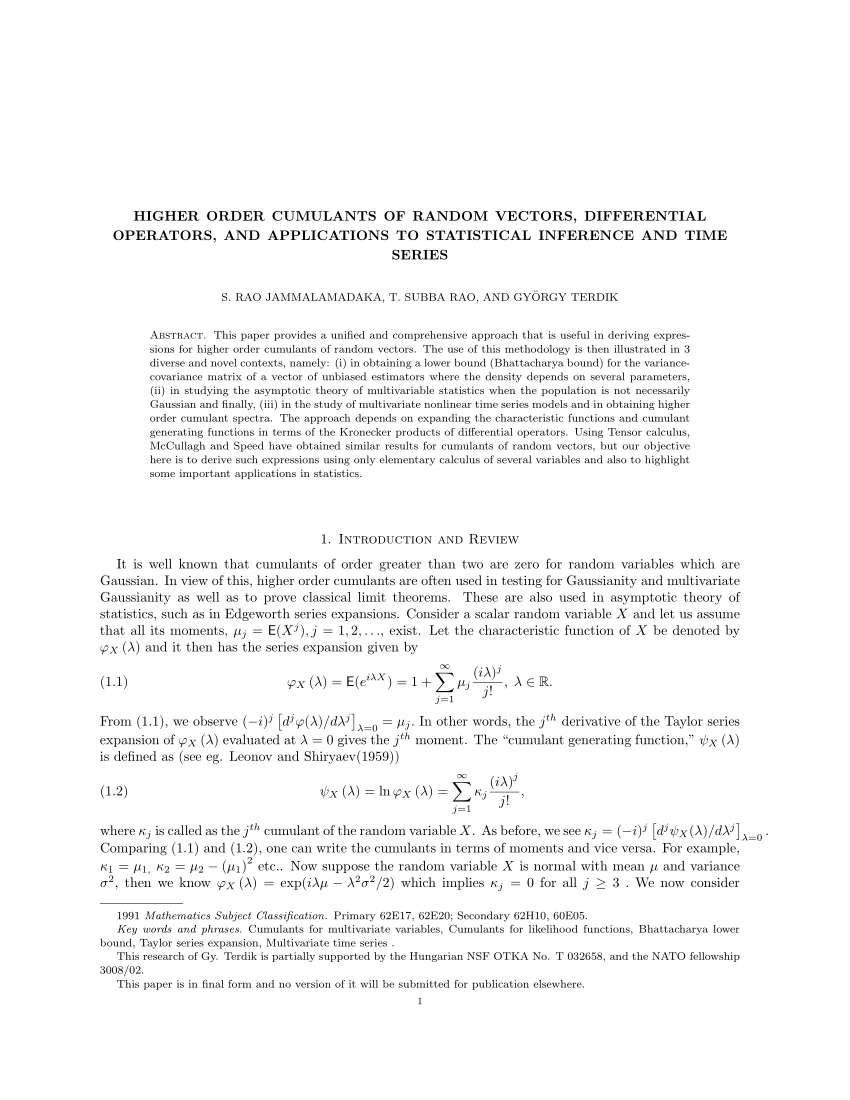 Pdf Higher Order Cumulants Of Random Vectors And Applications To Statistical Inference And Time Series
