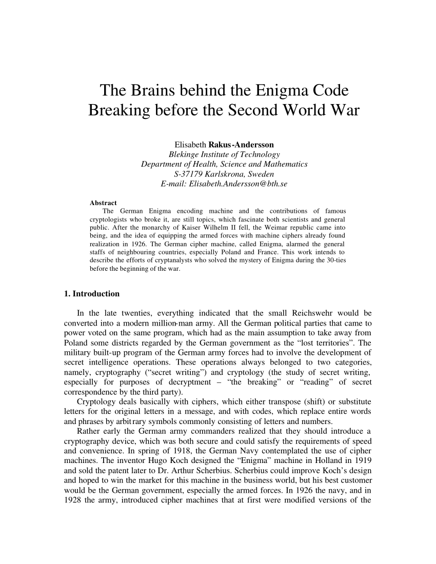 Pdf The Polish Brains Behind The Breaking Of The Enigma Code Before And During The Second World War