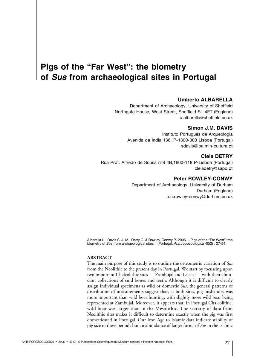 Pdf Pigs Of The Far West The Biometry Of Sus From Archaeological Sites In Portugal