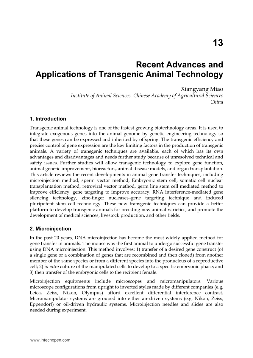 PDF) Recent Advances and Applications of Transgenic Animal Technology