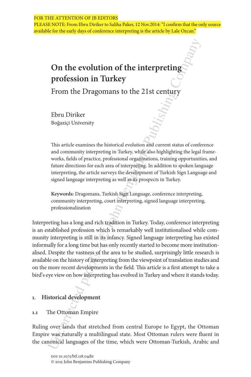 Pdf On The Evolution Of The Interpreting Profession In Turkey