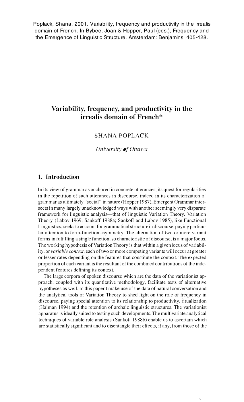 Pdf Variability Frequency And Productivity In The Irrealis Domain Of French