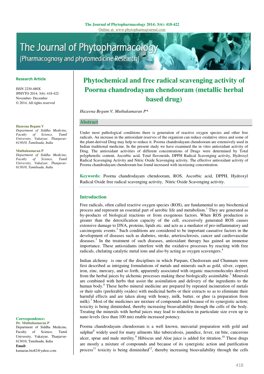 Pdf Phytochemical And Free Radical Scavenging Activity Of Poorna Chandrodayam Chendooram Metallic Herbal Based Drug