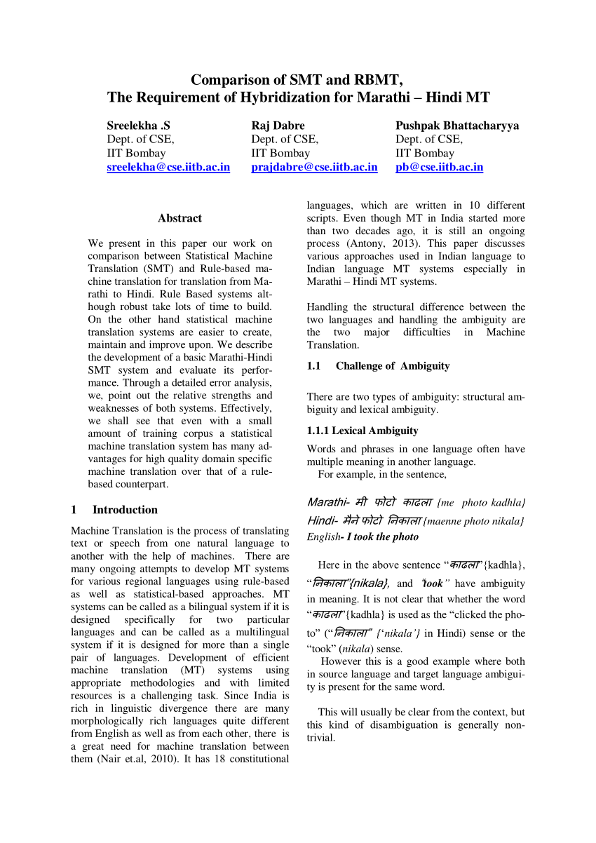 Pdf Comparison Of Smt And Rbmt The Requirement Of Hybridization