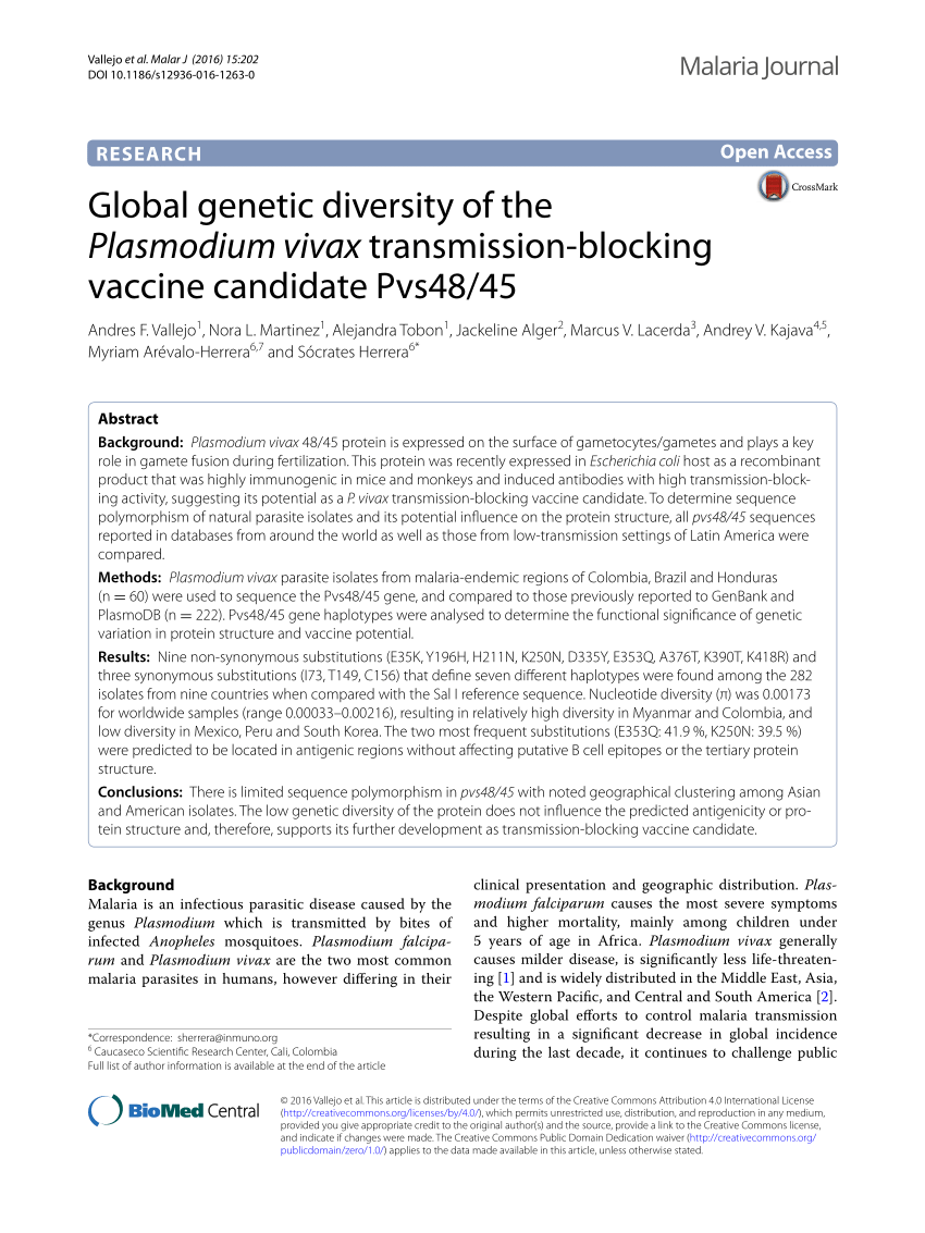 PDF) Global genetic diversity of the Plasmodium vivax transmission ...