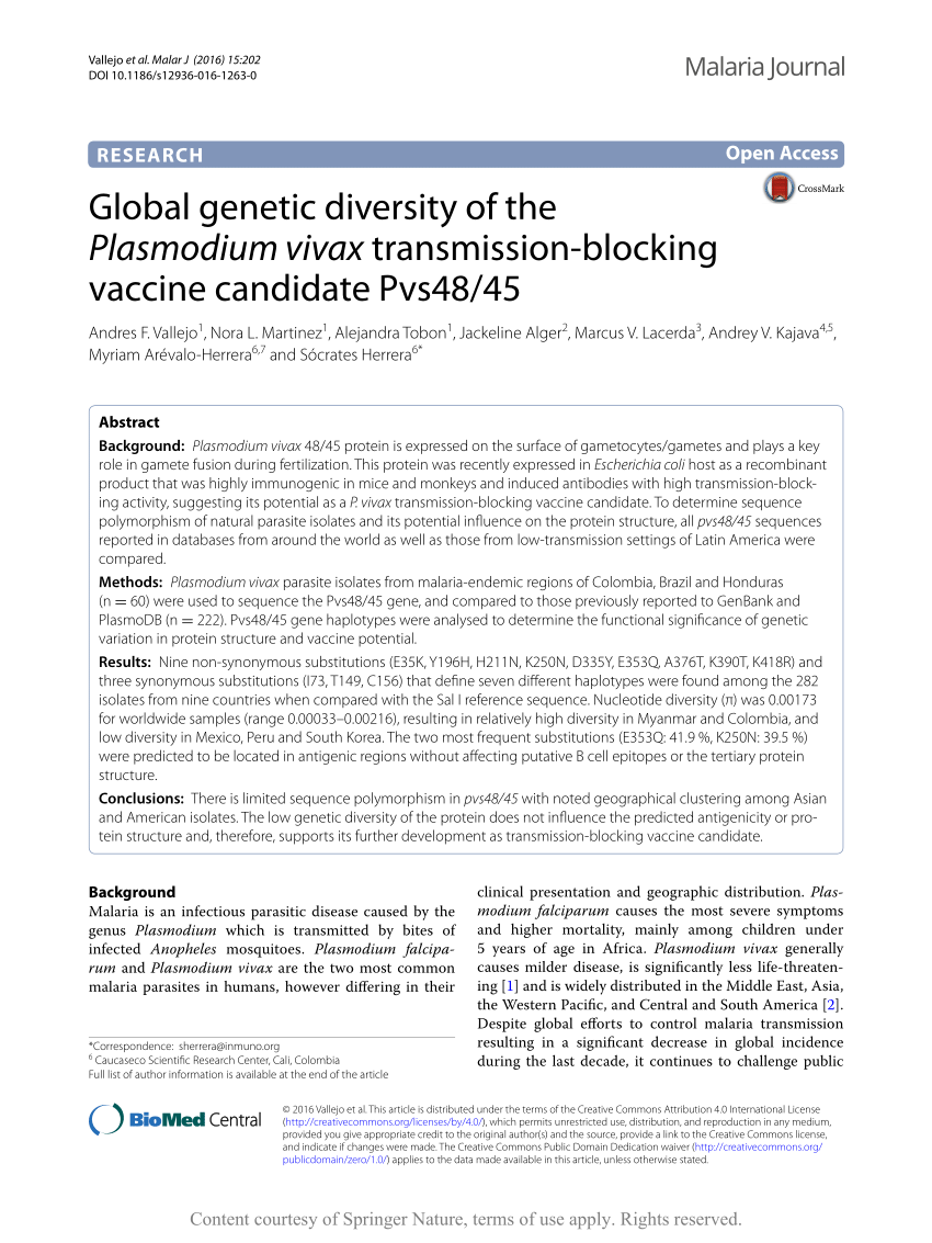 (PDF) Global genetic diversity of the Plasmodium vivax transmission ...