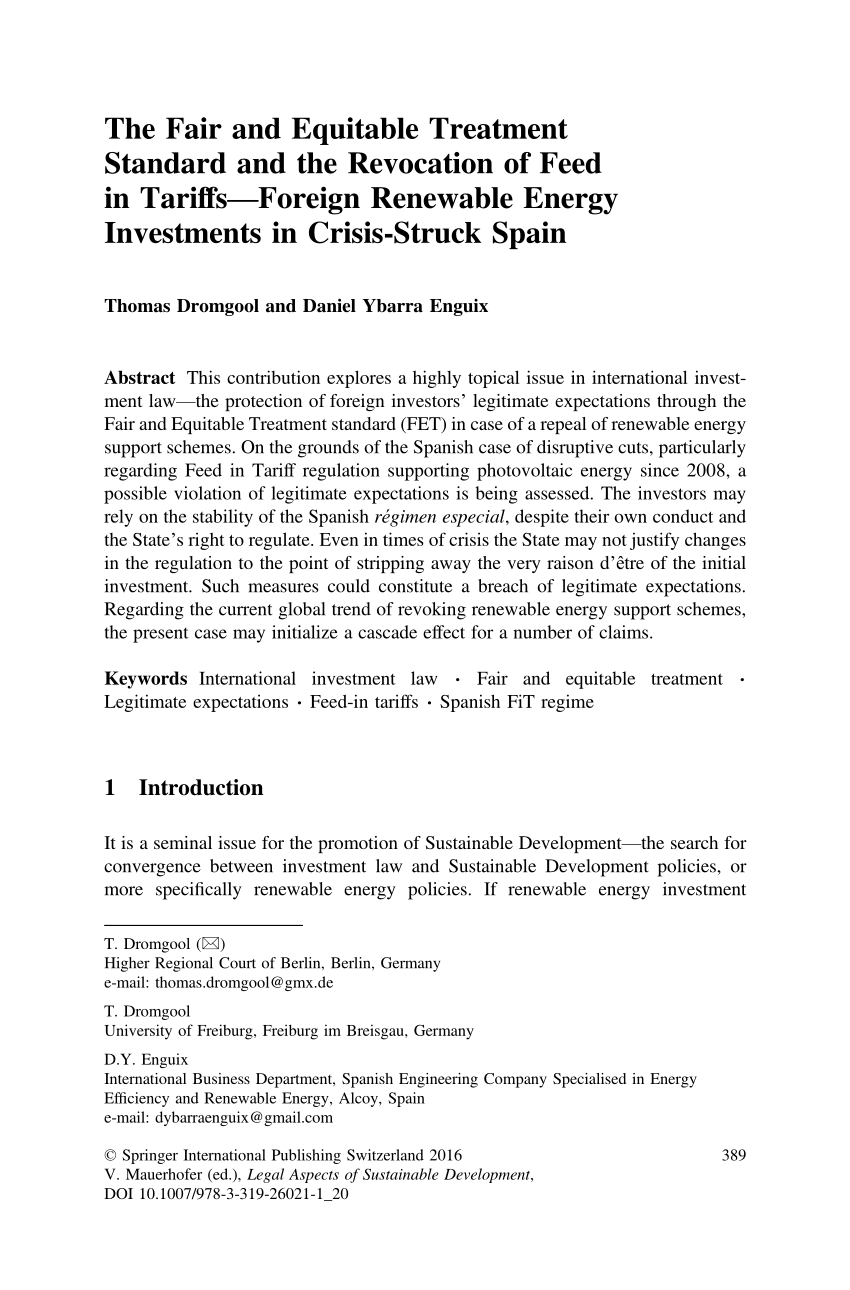 Pdf The Fair And Equitable Treatment Standard And The Revocation Of Feed In Tariffs Foreign Renewable Energy Investments In Crisis Struck Spain