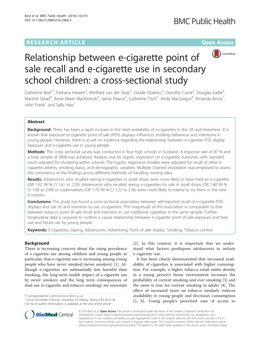 PDF) Relationship between e-cigarette point of sale recall and e-cigarette  use in secondary school children: A cross-sectional study