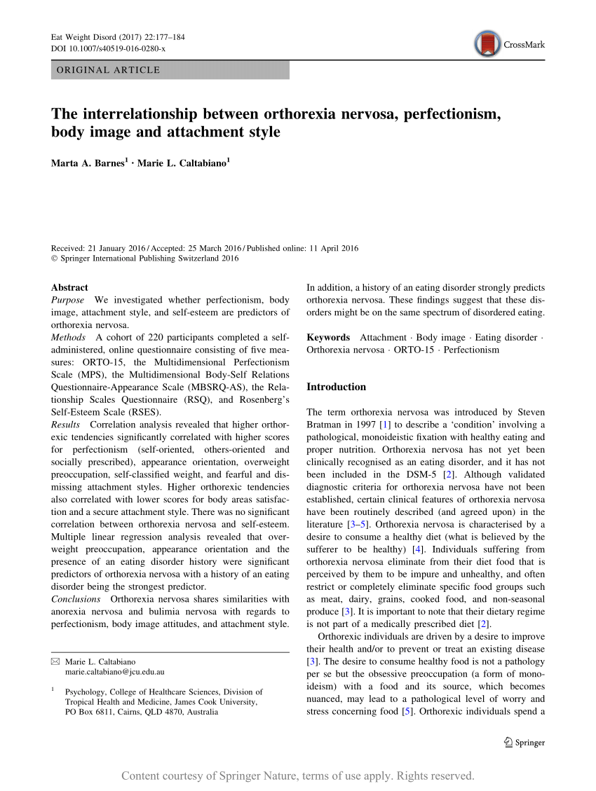 The Interrelationship Between Orthorexia Nervosa Perfectionism Body Image And Attachment Style Request Pdf