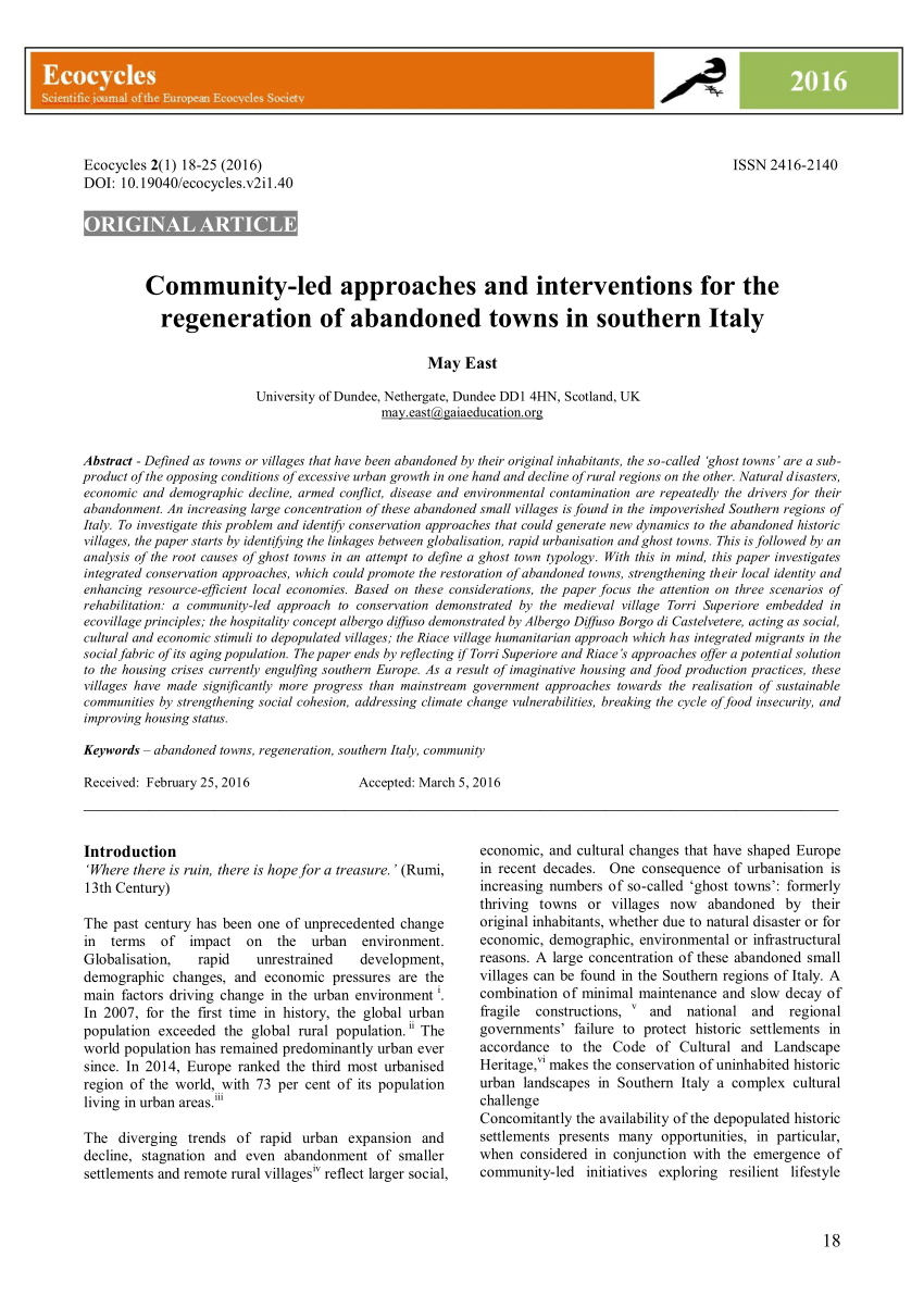 Pdf Community Led Approaches And Interventions For The Regeneration Of Abandoned Towns In Southern Italy