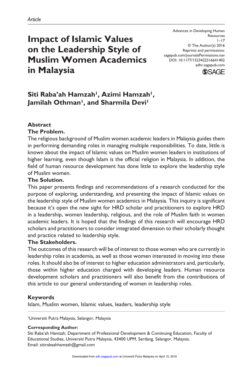 PDF) Impact of Islamic Values on the Leadership Style of Muslim Women Academics in Malaysia