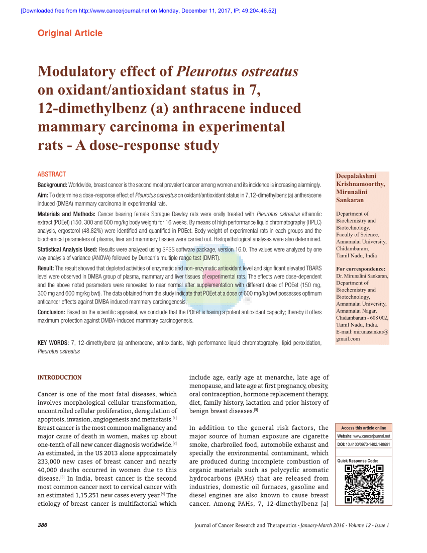 Pdf Modulatory Effect Of Pleurotus Ostreatus On Oxidant Antioxidant Status In 7 12 Dimethylbenz A Anthracene Induced Mammary Carcinoma In Experimental Rats A Dose Response Study