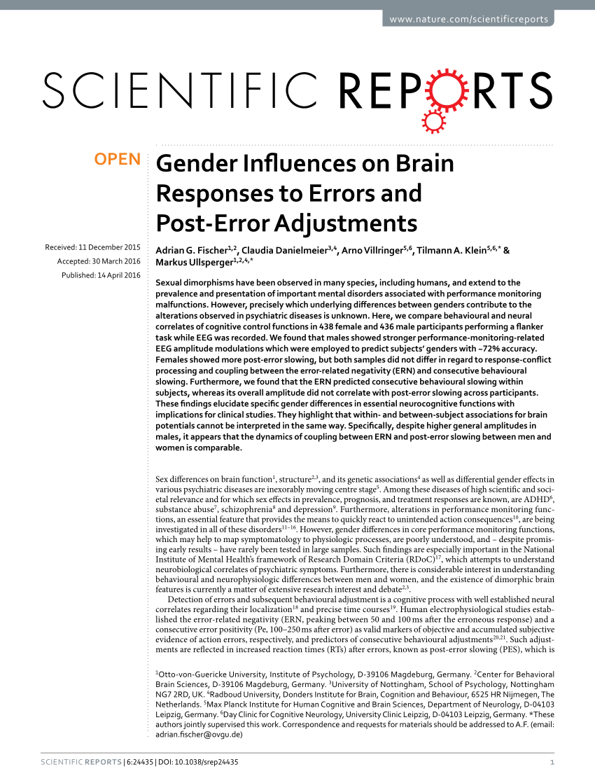 Pdf Gender Influences On Brain Responses To Errors And Post Error Adjustments