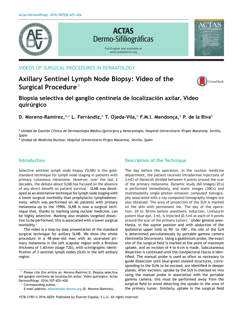 Pdf Axillary Sentinel Lymph Node Biopsy Video Of The Surgical Procedure 