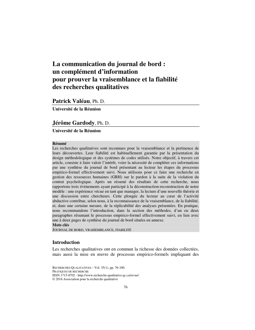 Pdf La Communication Du Journal De Bord Un Complement D Information Pour Prouver La Vraisemblance Et La Fiabilite Des Recherches Qualitatives