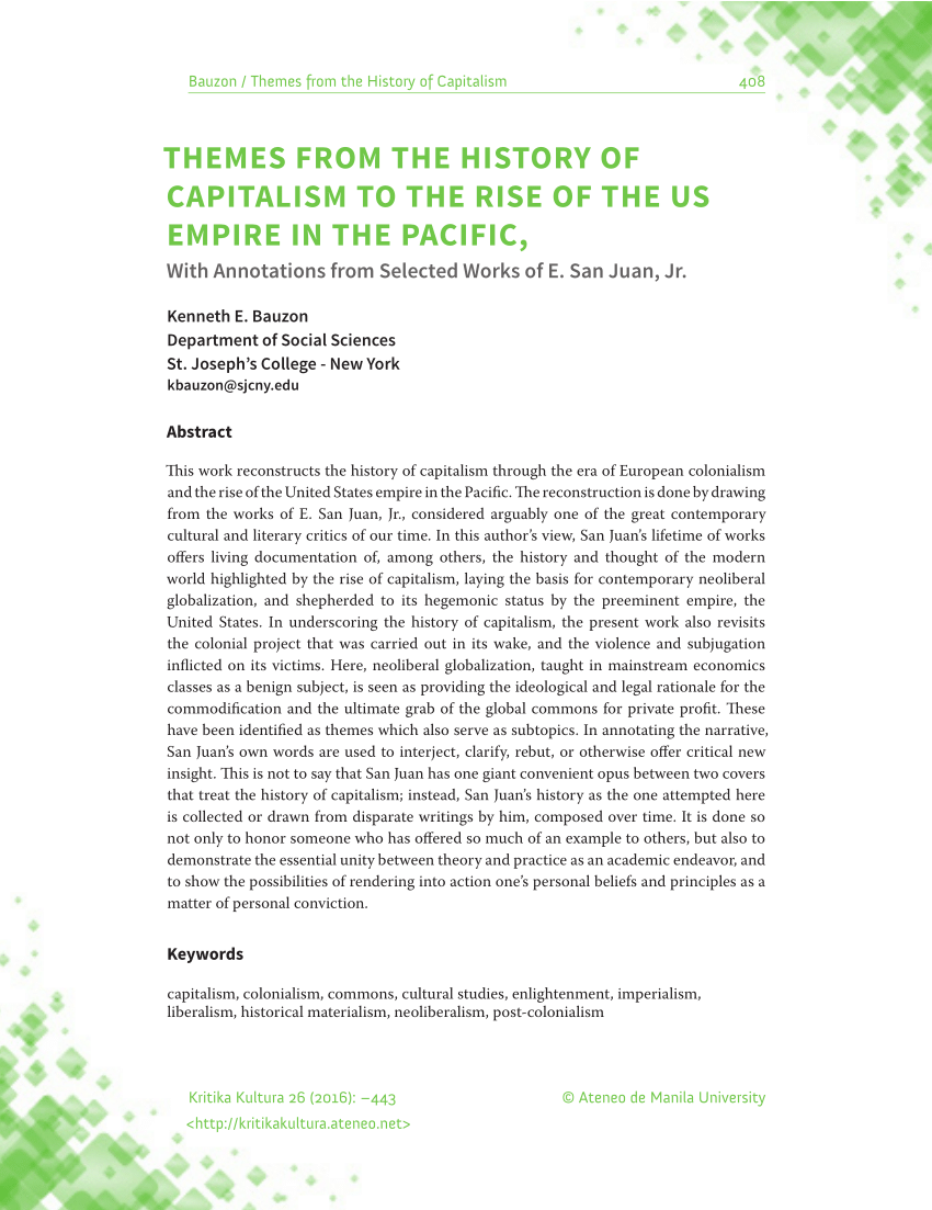 PDF) THEMES FROM THE HISTORY OF CAPITALISM TO THE RISE OF THE US EMPIRE IN THE PACIFIC, With Annotations from Selected Works of E