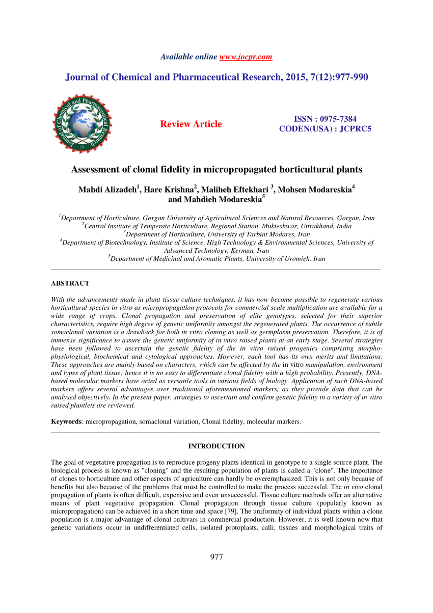 Pdf Assessment Of Clonal Fidelity In Micropropagated Horticultural Plants