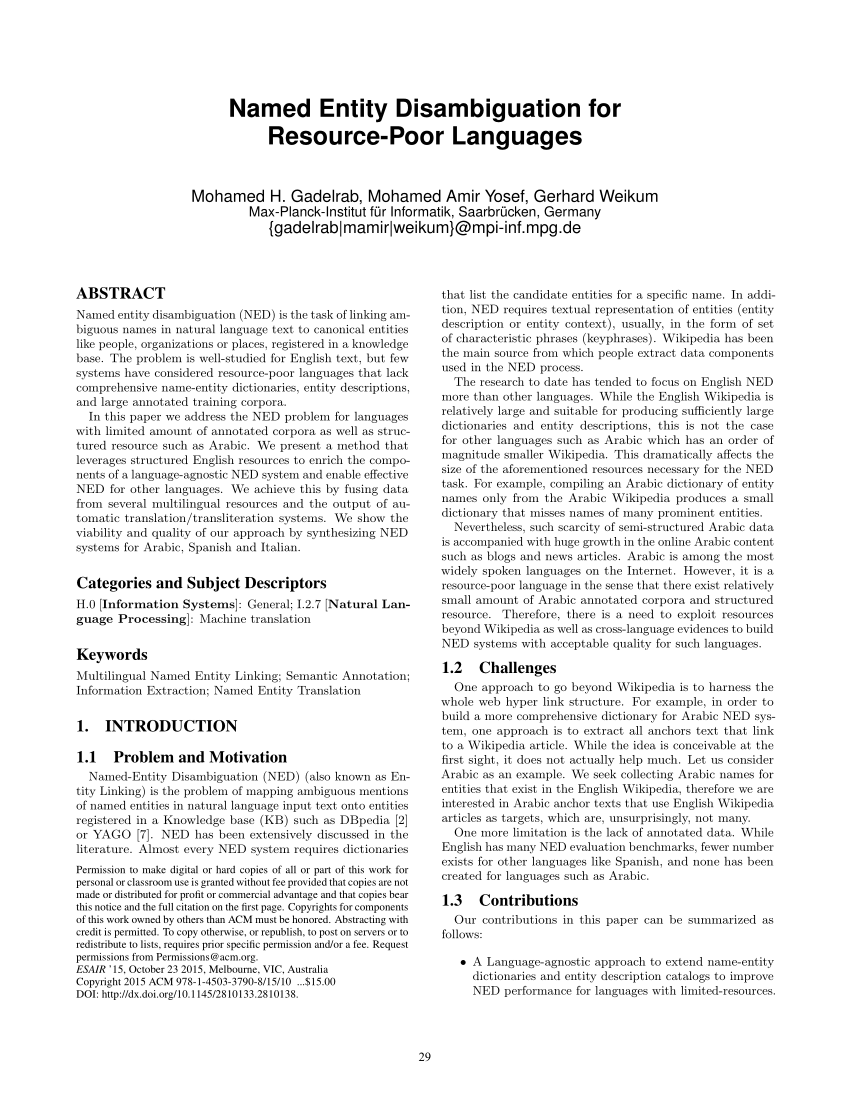 Pdf Named Entity Disambiguation For Resource Poor Languages